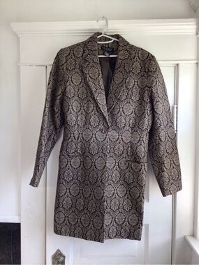 Dialogue Taupe and Black Jacquard Long Blazer